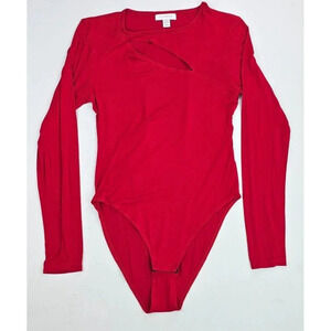 Topshop Sz 8-10 Womens Red Long Sleeve Chest Slit Snap Bodysuit Viscose Elastane